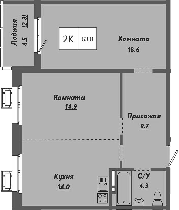 Планировка 2-к.кв 61.50 м² в ЖК «Ежевика»