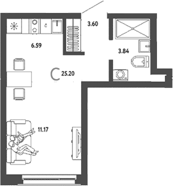 Планировка студии 25.20 м² в ЖК «Страна. Береговая»