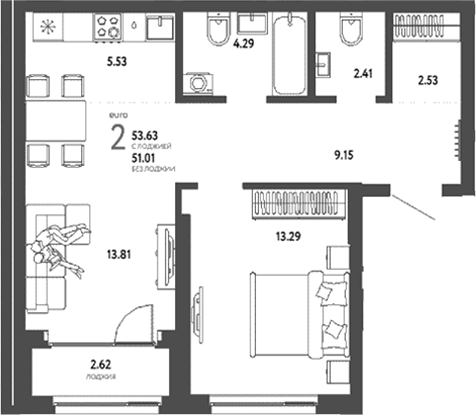 Планировка 2е-к.кв 51.01 м² в ЖК «Страна. Береговая»