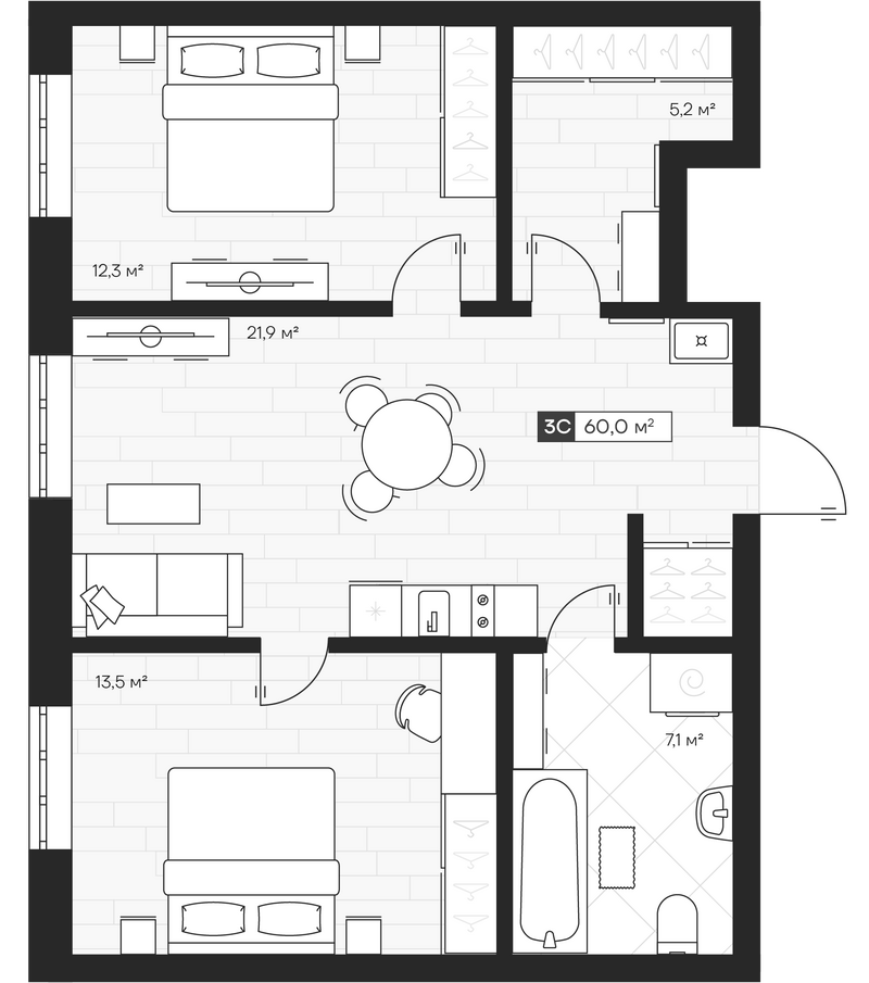 Планировка 3е-к.кв 60.00 м² в ЖК «Апартвилль на Кошурникова»