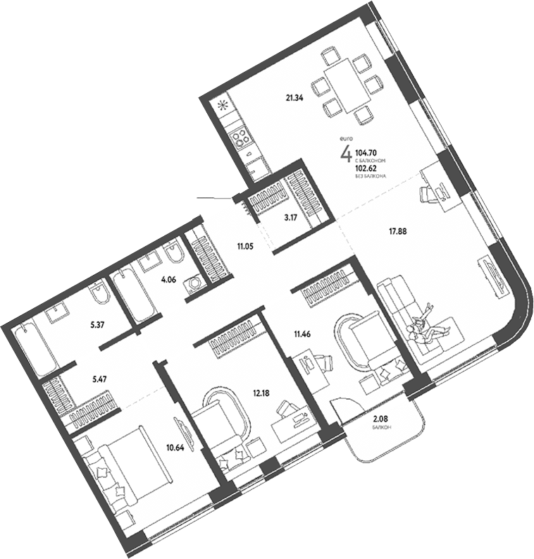 Планировка 4е-к.кв 102.62 м² в ЖК «Страна. Береговая»
