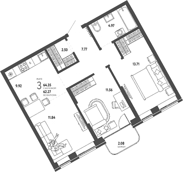 Планировка 3е-к.кв 62.27 м² в ЖК «Страна. Береговая»