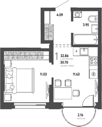 Планировка 2е-к.кв 30.70 м² в ЖК «Страна. Береговая»