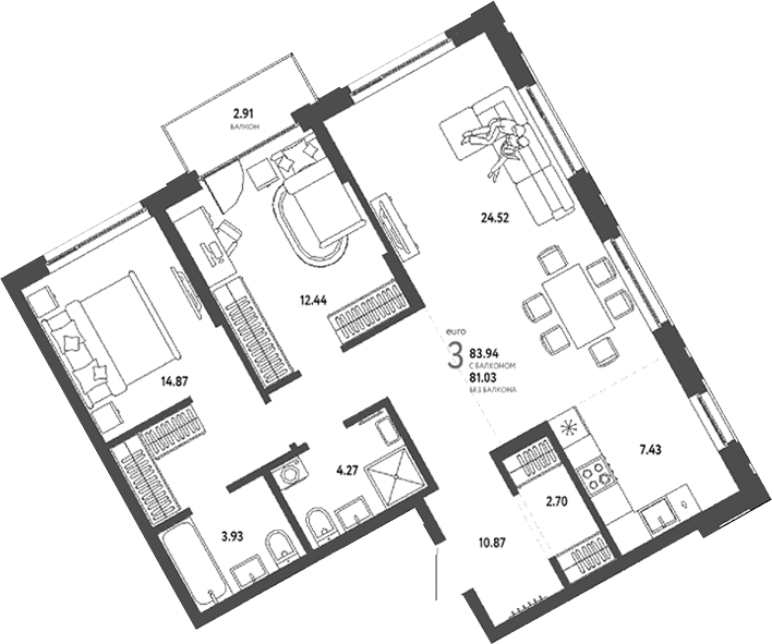Планировка 3е-к.кв 81.03 м² в ЖК «Страна. Береговая»