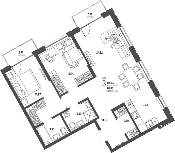 Планировка 3е-к.кв 81.03 м² в ЖК «Страна. Береговая»