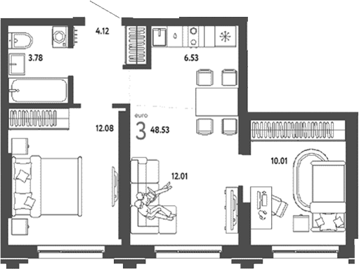 Планировка 3е-к.кв 48.53 м² в ЖК «Страна. Береговая»