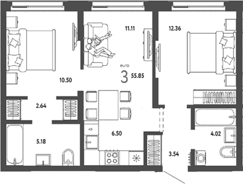 Планировка 3е-к.кв 55.85 м² в ЖК «Страна. Береговая»