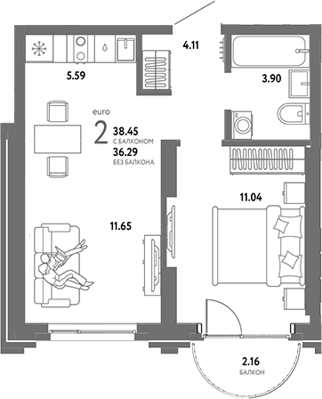 Планировка 2е-к.кв 36.29 м² в ЖК «Страна. Береговая»
