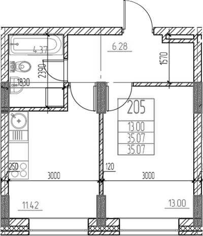 Планировка 1-к.кв 35.07 м² в ЖК «Чернышевский»