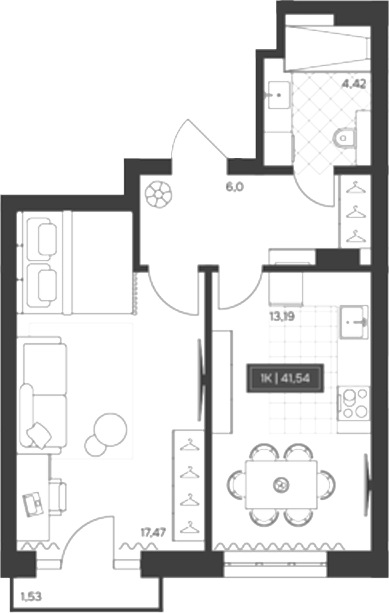 Планировка 1-к.кв 41.08 м² в ЖК «Невский»
