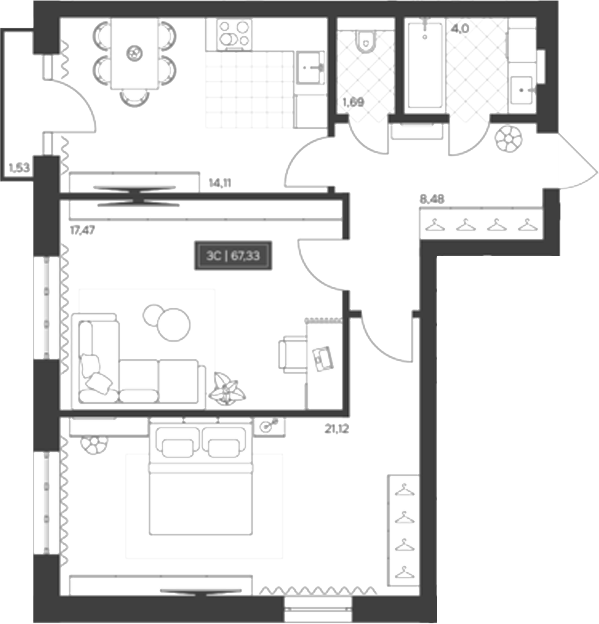 Планировка 3е-к.кв 66.87 м² в ЖК «Невский»