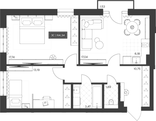 Планировка 3е-к.кв 63.88 м² в ЖК «Невский»