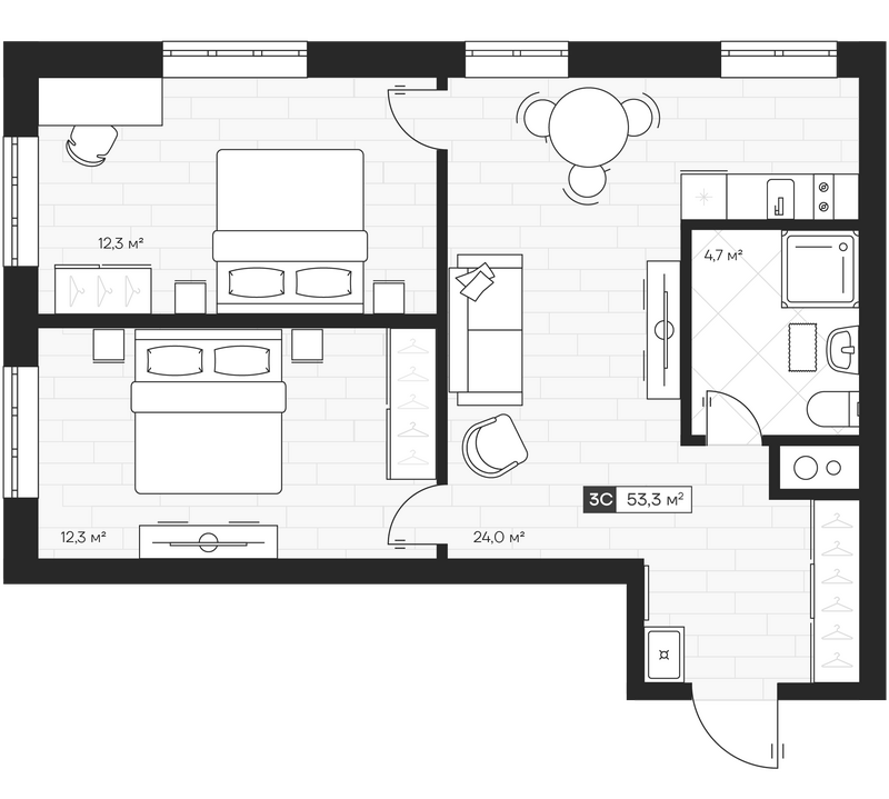 Планировка 3е-к.кв 53.29 м² в ЖК «Апартвилль на Кошурникова»