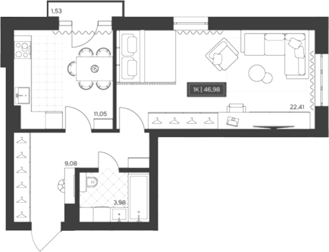 Планировка 1-к.кв 46.52 м² в ЖК «Невский»
