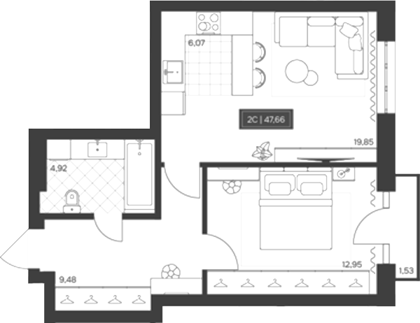 Планировка 2е-к.кв 47.20 м² в ЖК «Невский»