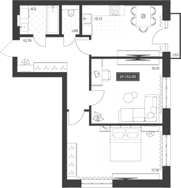 Планировка 2-к.кв 62.40 м² в ЖК «Невский»