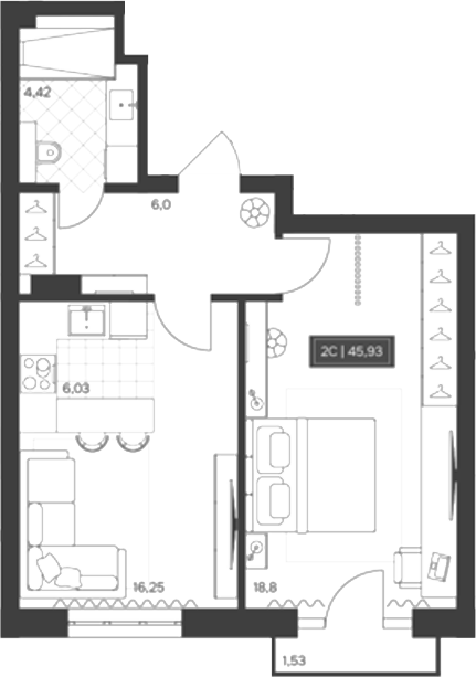 Планировка 2е-к.кв 45.47 м² в ЖК «Невский»