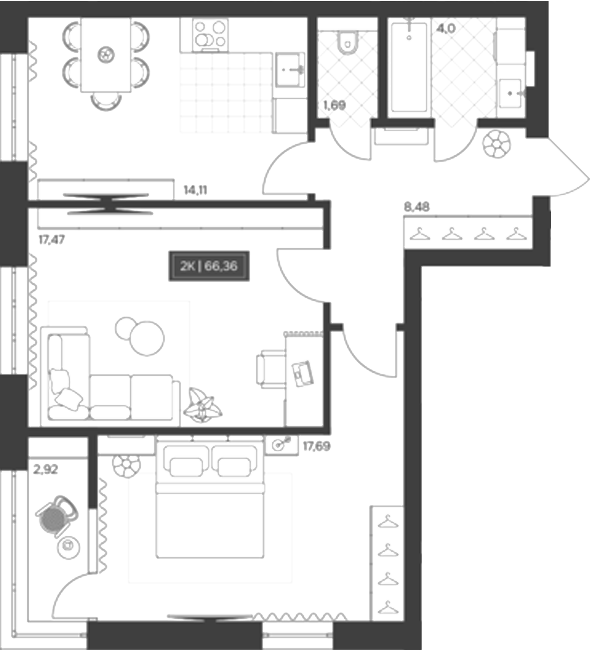 Планировка 2-к.кв 63.44 м² в ЖК «Невский»