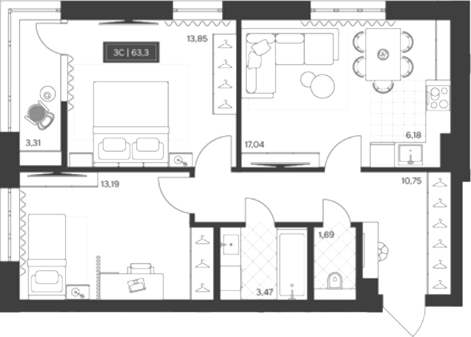 Планировка 3е-к.кв 59.99 м² в ЖК «Невский»