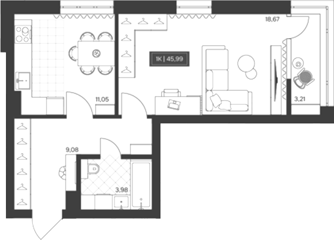 Планировка 1-к.кв 42.78 м² в ЖК «Невский»