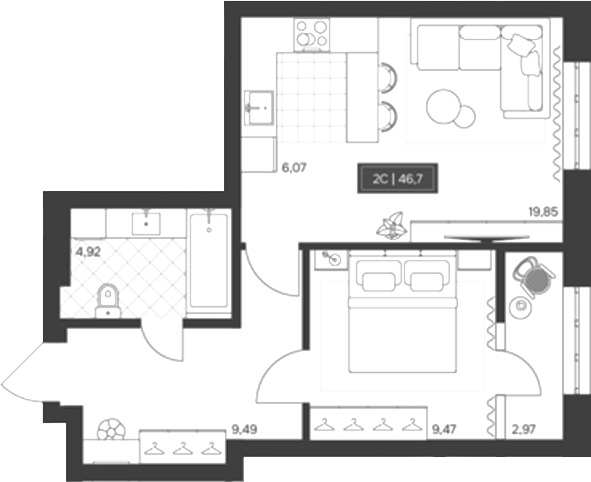 Планировка 2е-к.кв 43.73 м² в ЖК «Невский»