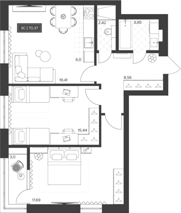 Планировка 3е-к. квартира 67.29 м² в ЖК «Невский»