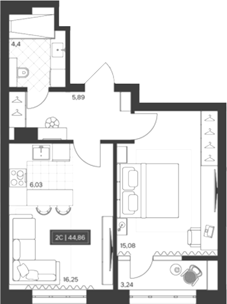 Планировка 2е-к. квартира 41.55 м² в ЖК «Невский»
