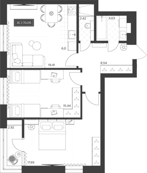 Планировка 3е-к.кв 67.13 м² в ЖК «Невский»