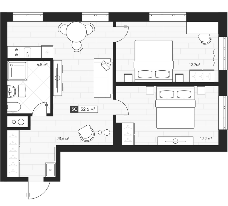 Планировка 3е-к.кв 52.64 м² в ЖК «Апартвилль на Кошурникова»