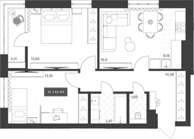 Планировка 3е-к.кв 59.38 м² в ЖК «Невский»