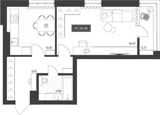 Планировка 1-к.кв 42.27 м² в ЖК «Невский»