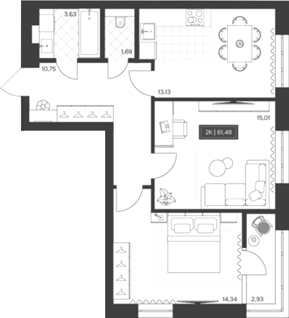 Планировка 2-к.кв 58.55 м² в ЖК «Невский»