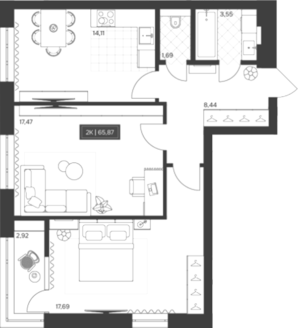 Планировка 2-к.кв 62.95 м² в ЖК «Невский»