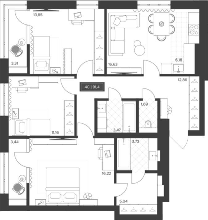 Планировка 4е-к.кв 84.69 м² в ЖК «Невский»