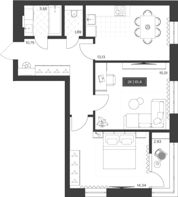 Планировка 2-к.кв 58.47 м² в ЖК «Невский»