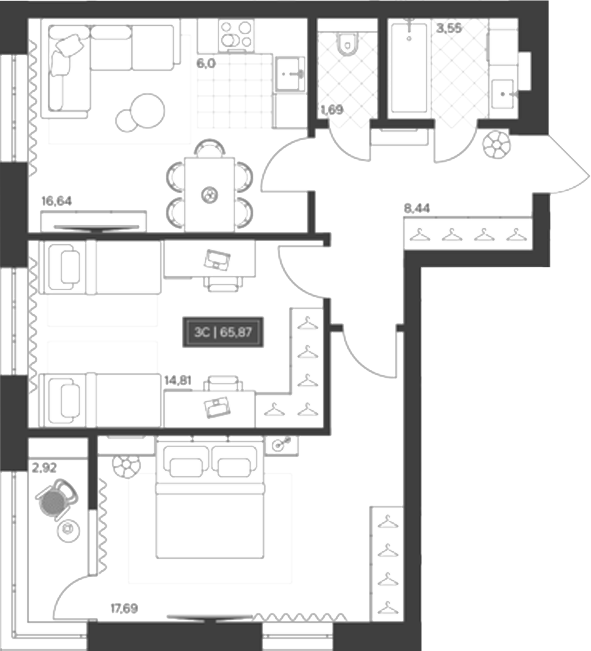 Планировка 3е-к.кв 62.95 м² в ЖК «Невский»