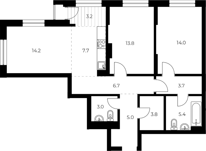 Планировка 3е-к. квартира 77.30 м² в ЖК «ОСКАР»