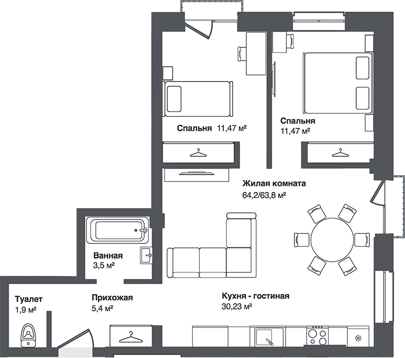 Планировка 3е-к.кв 63.80 м² в ЖК «Мечта»
