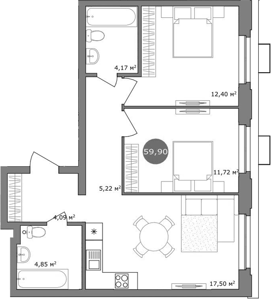 Планировка 3е-к.кв 59.90 м² в ЖК «19/56 Кварталы Телецентра»