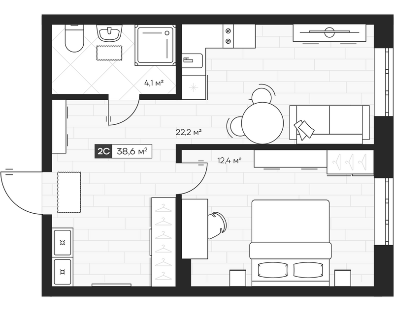 Планировка 2е-к.кв 38.60 м² в ЖК «Апартвилль на Кошурникова»