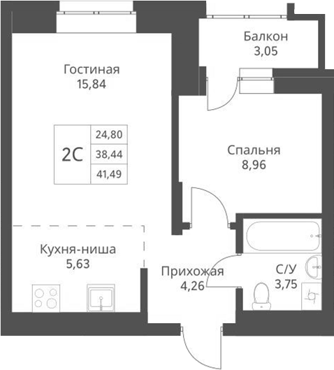Планировка 2е-к.кв 38.44 м² в ЖК «Актив»