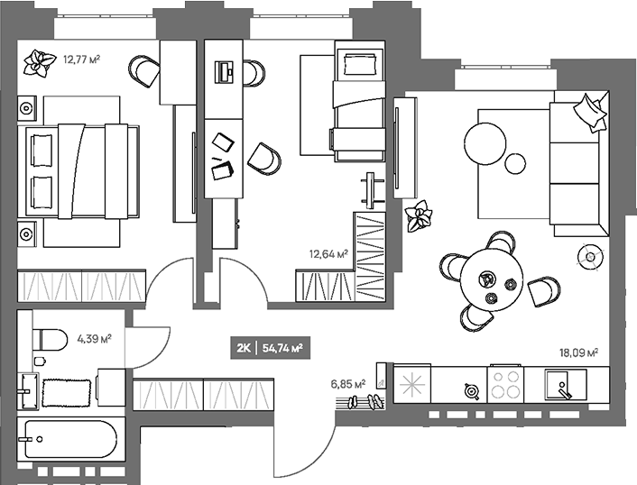 Планировка 2-к.кв 54.74 м² в ЖК «НОВА. Кемерово»
