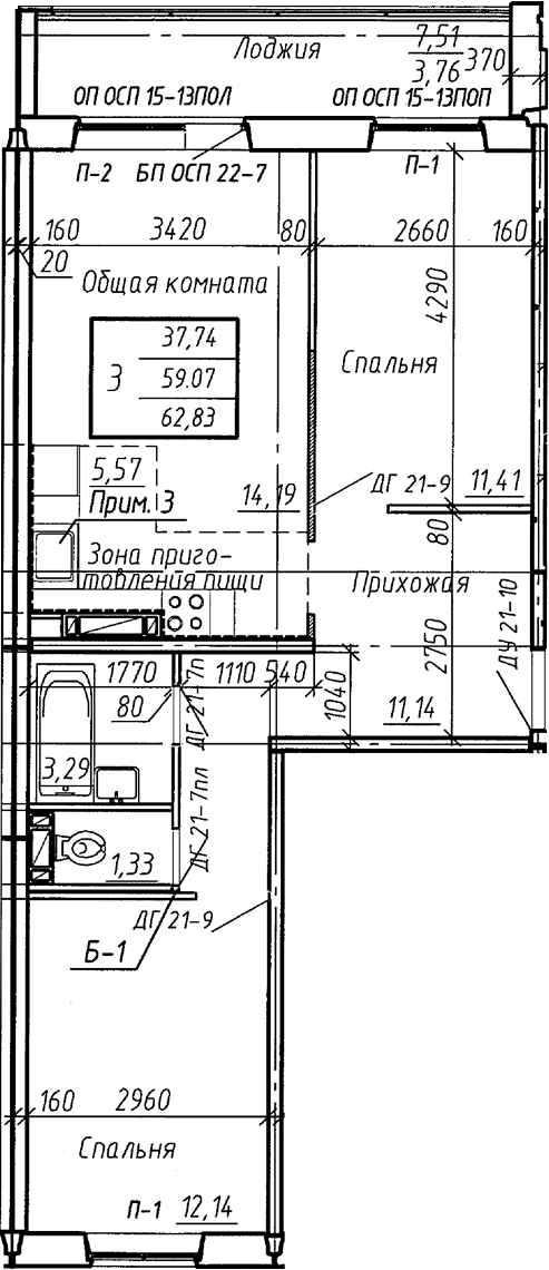 Планировка 3е-к.кв 59.07 м² в ЖК «Аквамарин»