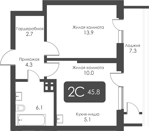 Планировка 2-к.кв 42.15 м² в ЖК «Сити Тауэрс»