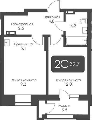 Планировка 2-к.кв 37.95 м² в ЖК «Сити Тауэрс»