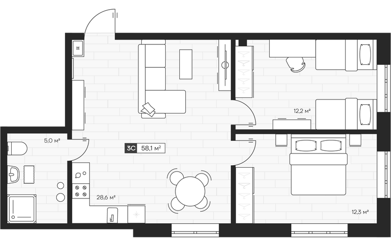 Планировка 3е-к.кв 58.13 м² в ЖК «Апартвилль на Кошурникова»