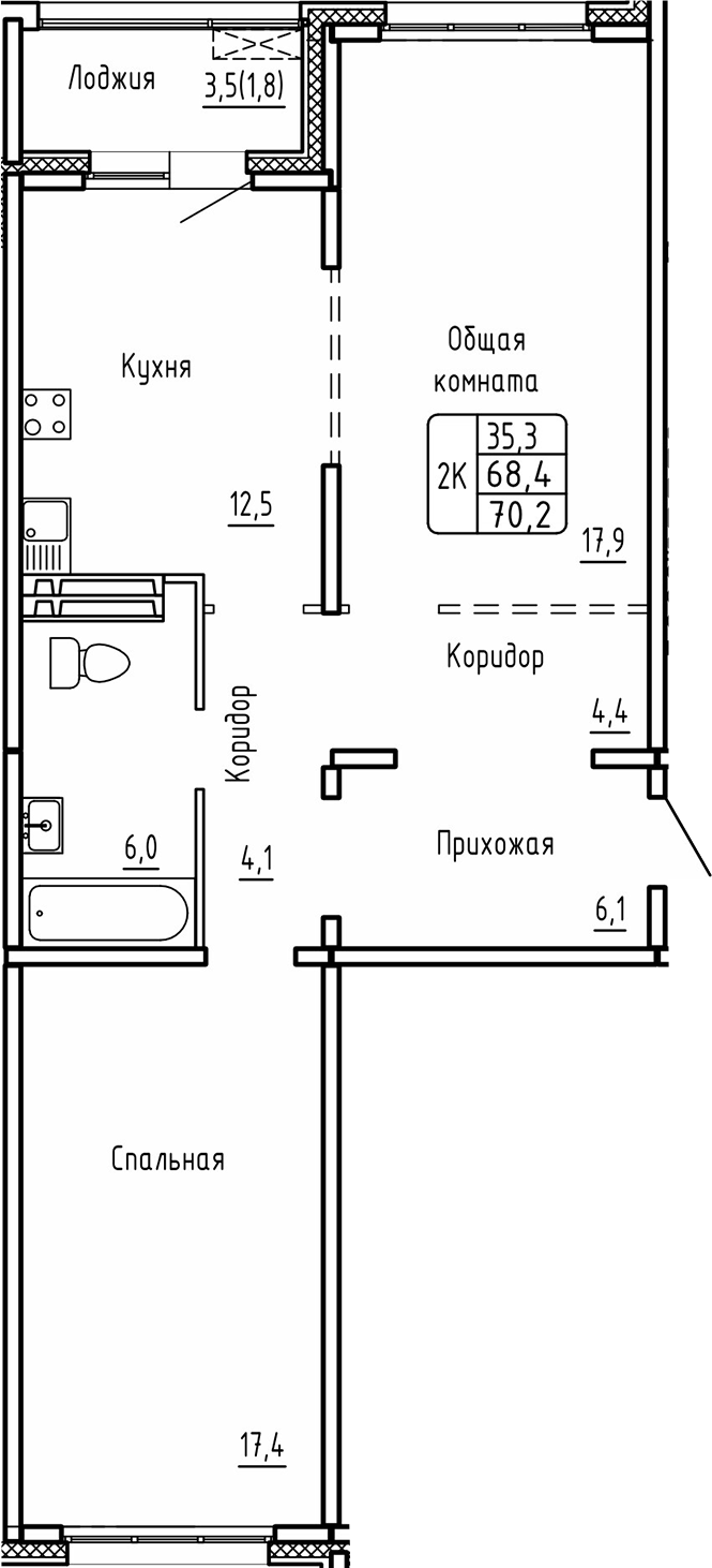 Планировка 2-к.кв 68.40 м² в ЖК «Самоцветы»