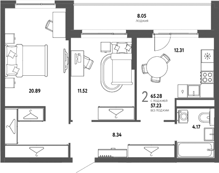 Планировка 2-к.кв 57.23 м² в ЖК «Страна. Тополевая»