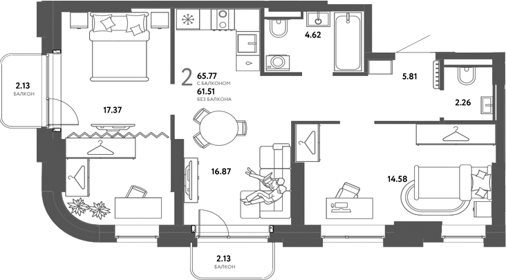 Планировка 2-к. квартира 61.51 м² в ЖК «Страна. Тополевая»