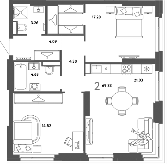 Планировка 2-к.кв 69.33 м² в ЖК «Страна. Тополевая»